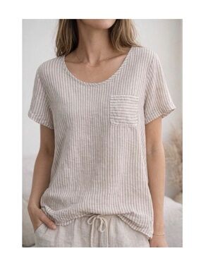 Christian Siriano Women's Linen Striped Blouse Scoop Neck Gray White Size S